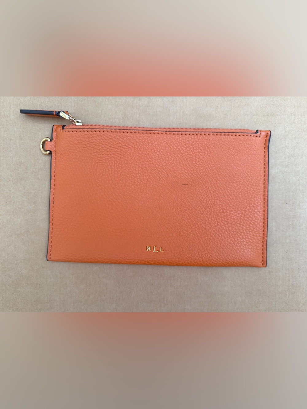 Polo Ralph Lauren RLL Orange Zip Wristlet Clutch Pouch Gold Tone 8x5